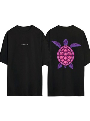 Urbvn Purple Turtle Tasarım Baskılı Siyah Oversize T Shirt