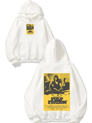 Urbvn Fiction Tasarım Baskılı Oversize Beyaz Kapüşonlu Sweatshirt