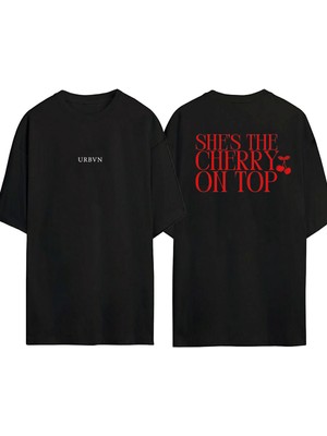 Urbvn Cherry On Tasarım Baskılı Siyah Oversize T Shirt