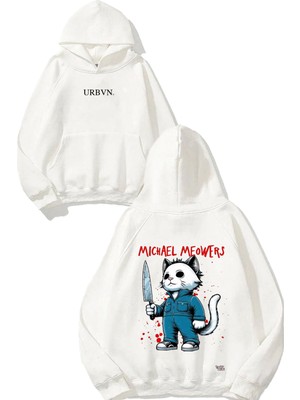 Urbvn Michael Meowers Tasarım Baskılı Oversize Beyaz Kapüşonlu Sweatshirt