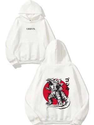 Urbvn Godzilla Tasarım Baskılı Oversize Beyaz Kapüşonlu Sweatshirt