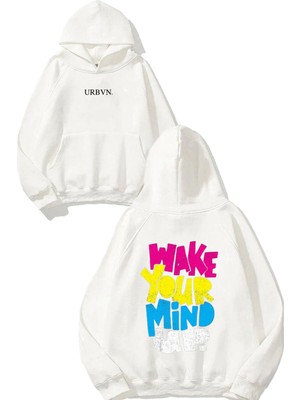 Urbvn Mind Up Tasarım Baskılı Oversize Beyaz Kapüşonlu Sweatshirt