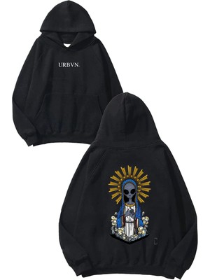 Urbvn Magical Alien Tasarım Baskılı Oversize Siyah Kapüşonlu Sweatshirt