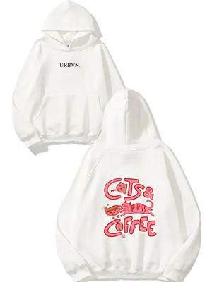 Urbvn Cats Coffee Tasarım Baskılı Oversize Beyaz Kapüşonlu Sweatshirt