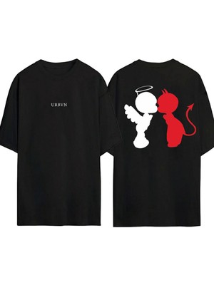Urbvn Angeldevil Tasarım Baskılı Siyah Oversize T Shirt
