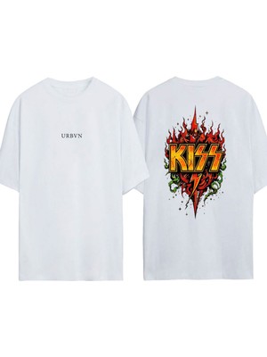 Urbvn Kıss 4 Tasarım Baskılı Beyaz Oversize T-Shirt
