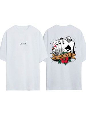 Urbvn Lucky 4A Tasarım Baskılı Beyaz Oversize T-Shirt
