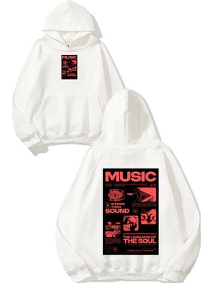 Urbvn Music 2 Tasarım Baskılı Oversize Beyaz Kapüşonlu Sweatshirt