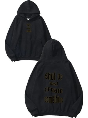 Urbvn Create Something Tasarım Baskılı Oversize Siyah Kapüşonlu Sweatshirt