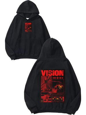 Urbvn Vision Tasarım Baskılı Oversize Siyah Kapüşonlu Sweatshirt