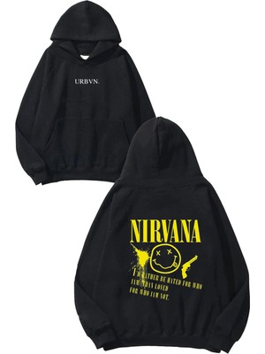 Urbvn Nirvana Gun Tasarım Baskılı Oversize Siyah Kapüşonlu Sweatshirt