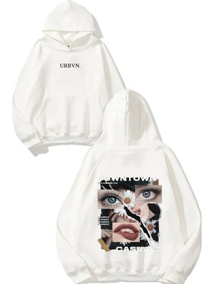 Urbvn Downtown Casuals Tasarım Baskılı Oversize Beyaz Kapüşonlu Sweatshirt