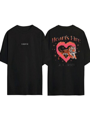 Urbvn Hearts Fire Tasarım Baskılı Siyah Oversize T Shirt