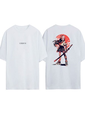 Urbvn Samurai Girl Tasarım Baskılı Beyaz Oversize T-Shirt