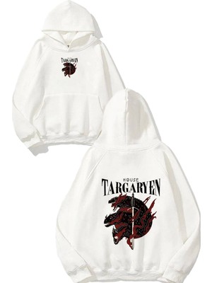 Urbvn House Targaryen Tasarım Baskılı Oversize Beyaz Kapüşonlu Sweatshirt