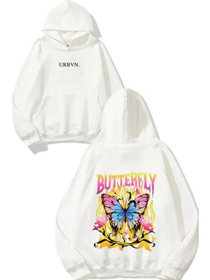 Urbvn Butterfly Flame Tasarım Baskılı Oversize Beyaz Kapüşonlu Sweatshirt