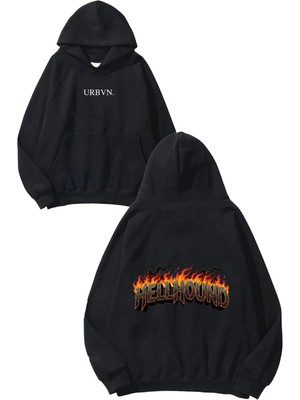 Urbvn Hellhound Tasarım Baskılı Oversize Siyah Kapüşonlu Sweatshirt