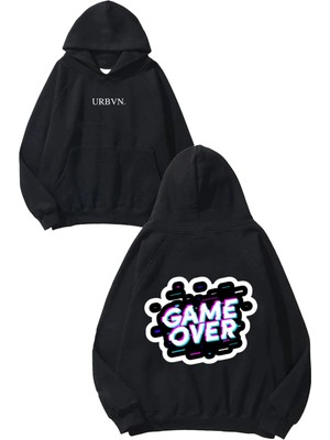 Urbvn Game Over Yazı Tasarım Baskılı Oversize Siyah Kapüşonlu Sweatshirt