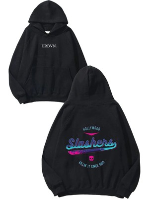 Urbvn Slashers Tasarım Baskılı Oversize Siyah Kapüşonlu Sweatshirt