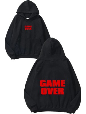 Urbvn Game Over Red Tasarım Baskılı Oversize Siyah Kapüşonlu Sweatshirt