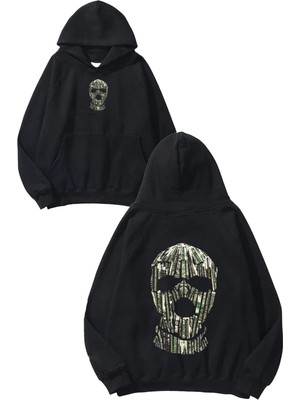 Urbvn Dolar Mask Tasarım Baskılı Oversize Siyah Kapüşonlu Sweatshirt