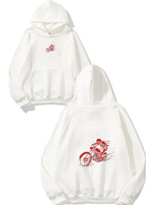 Urbvn Red Ghost Rider Tasarım Baskılı Oversize Beyaz Kapüşonlu Sweatshirt