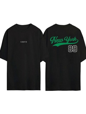 Urbvn New York 89 Tasarım Baskılı Siyah Oversize T Shirt