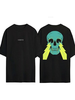 Urbvn Yellow Skulls Tasarım Baskılı Siyah Oversize T Shirt