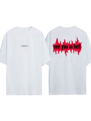 Urbvn See You Hell Tasarım Baskılı Beyaz Oversize T-Shirt