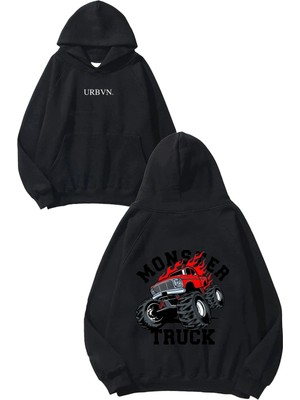 Urbvn Red Monster Truck Tasarım Baskılı Oversize Siyah Kapüşonlu Sweatshirt