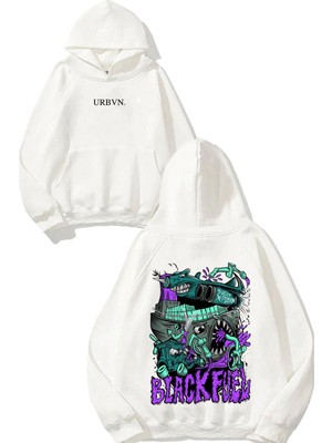 Urbvn Black Fuel Tasarım Baskılı Oversize Beyaz Kapüşonlu Sweatshirt