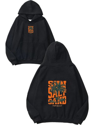Urbvn Sun Salt Tasarım Baskılı Oversize Siyah Kapüşonlu Sweatshirt