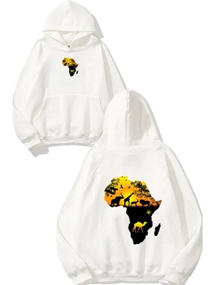 Urbvn Africa 2 Tasarım Baskılı Oversize Beyaz Kapüşonlu Sweatshirt