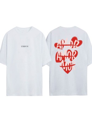 Urbvn Amor Tasarım Baskılı Beyaz Oversize T-Shirt