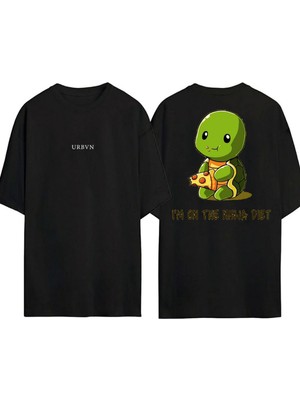 Urbvn Baby Turtles Tasarım Baskılı Siyah Oversize T Shirt