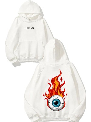 Urbvn Fire Eye Tasarım Baskılı Oversize Beyaz Kapüşonlu Sweatshirt