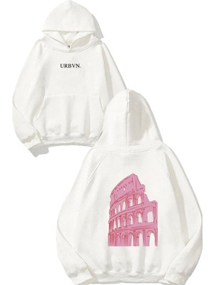 Urbvn Pink Italy Tasarım Baskılı Oversize Beyaz Kapüşonlu Sweatshirt