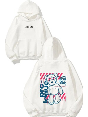 Urbvn Trust The Bear Tasarım Baskılı Oversize Beyaz Kapüşonlu Sweatshirt