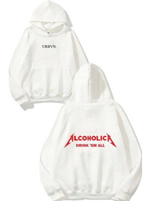 Urbvn Alcoholica Tasarım Baskılı Oversize Beyaz Kapüşonlu Sweatshirt