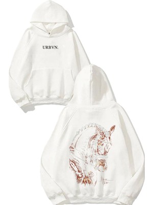 Urbvn At 1 Tasarım Baskılı Oversize Beyaz Kapüşonlu Sweatshirt