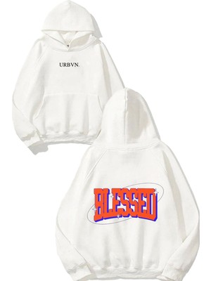 Urbvn Blessed Yazı Tasarım Baskılı Oversize Beyaz Kapüşonlu Sweatshirt