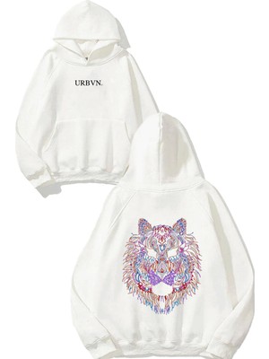 Urbvn Aslan Renkli Tasarım Baskılı Oversize Beyaz Kapüşonlu Sweatshirt