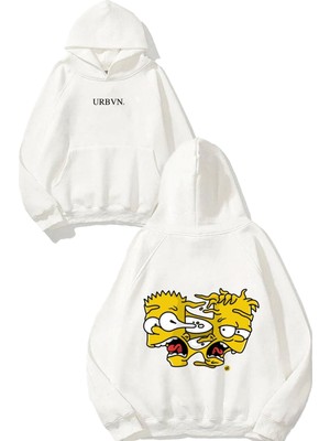 Urbvn Simpson Faces Tasarım Baskılı Oversize Beyaz Kapüşonlu Sweatshirt