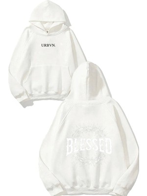 Urbvn Blessed Chain Tasarım Baskılı Oversize Beyaz Kapüşonlu Sweatshirt