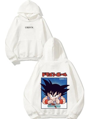 Urbvn Anime Play Tasarım Baskılı Oversize Beyaz Kapüşonlu Sweatshirt