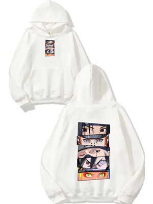 Urbvn Anime Eyes 2 Tasarım Baskılı Oversize Beyaz Kapüşonlu Sweatshirt
