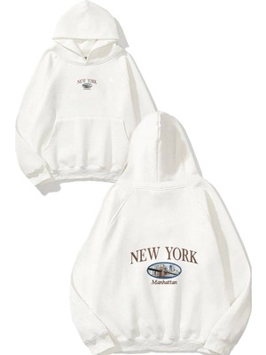 Urbvn Ny Manhattan Tasarım Baskılı Oversize Beyaz Kapüşonlu Sweatshirt
