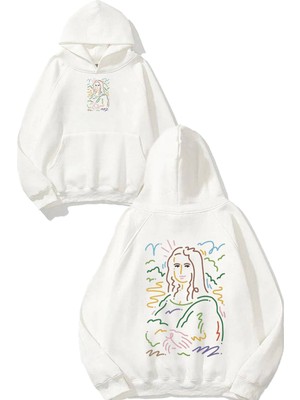 Urbvn Mona Lisa Draw Tasarım Baskılı Oversize Beyaz Kapüşonlu Sweatshirt