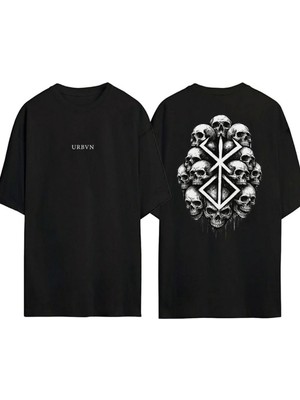 Urbvn Ethnic Skulls Tasarım Baskılı Siyah Oversize T Shirt
