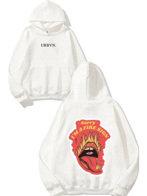 Urbvn Fire Sign Tasarım Baskılı Oversize Beyaz Kapüşonlu Sweatshirt